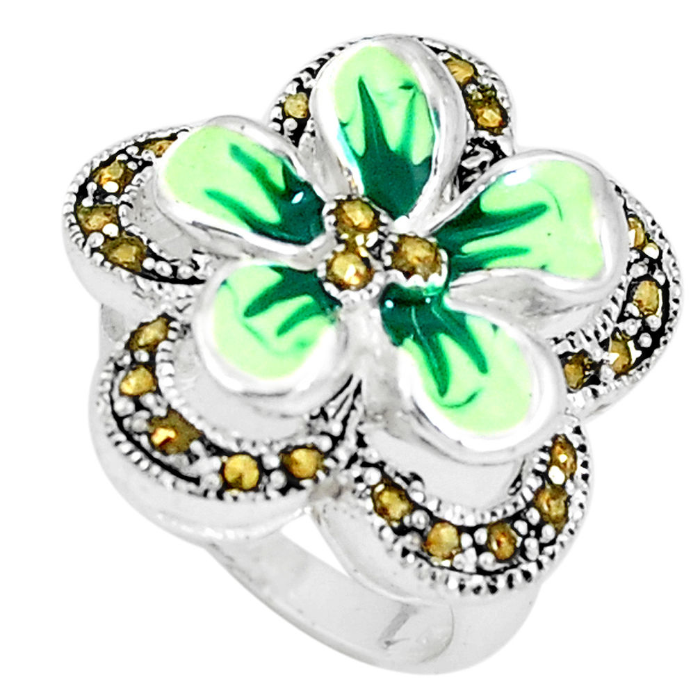 9.47gms swiss marcasite enamel 925 silver flower ring jewelry size 5.5 c18293