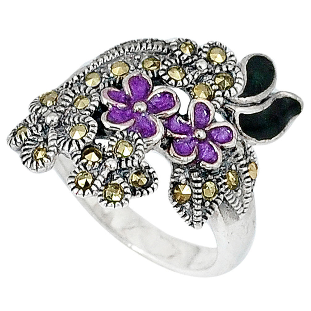 Swiss marcasite enamel 925 sterling silver flower ring jewelry size 5.5 c20785