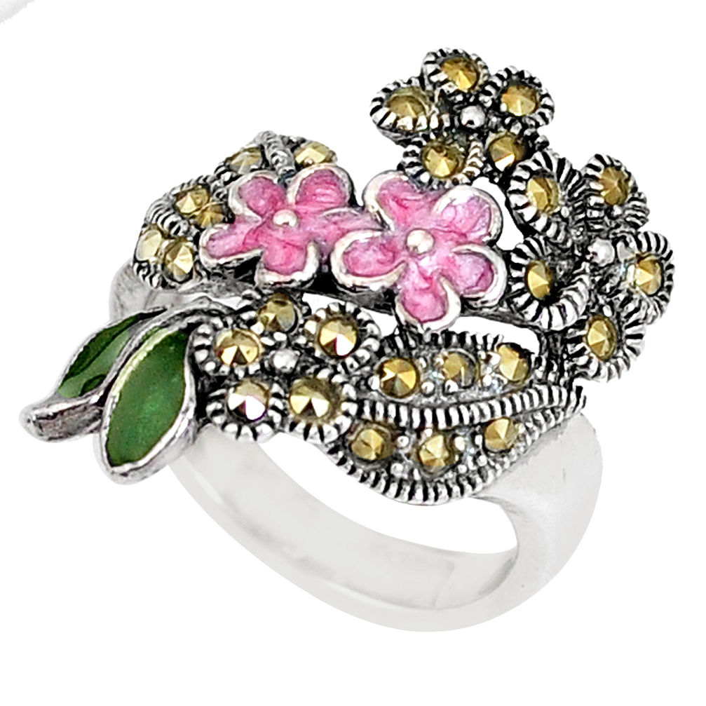 6.89gms swiss marcasite enamel 925 sterling silver flower ring size 7 c26087