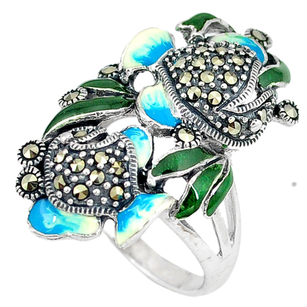 Swiss marcasite enamel 925 sterling silver ring jewelry size 8.5 c16128