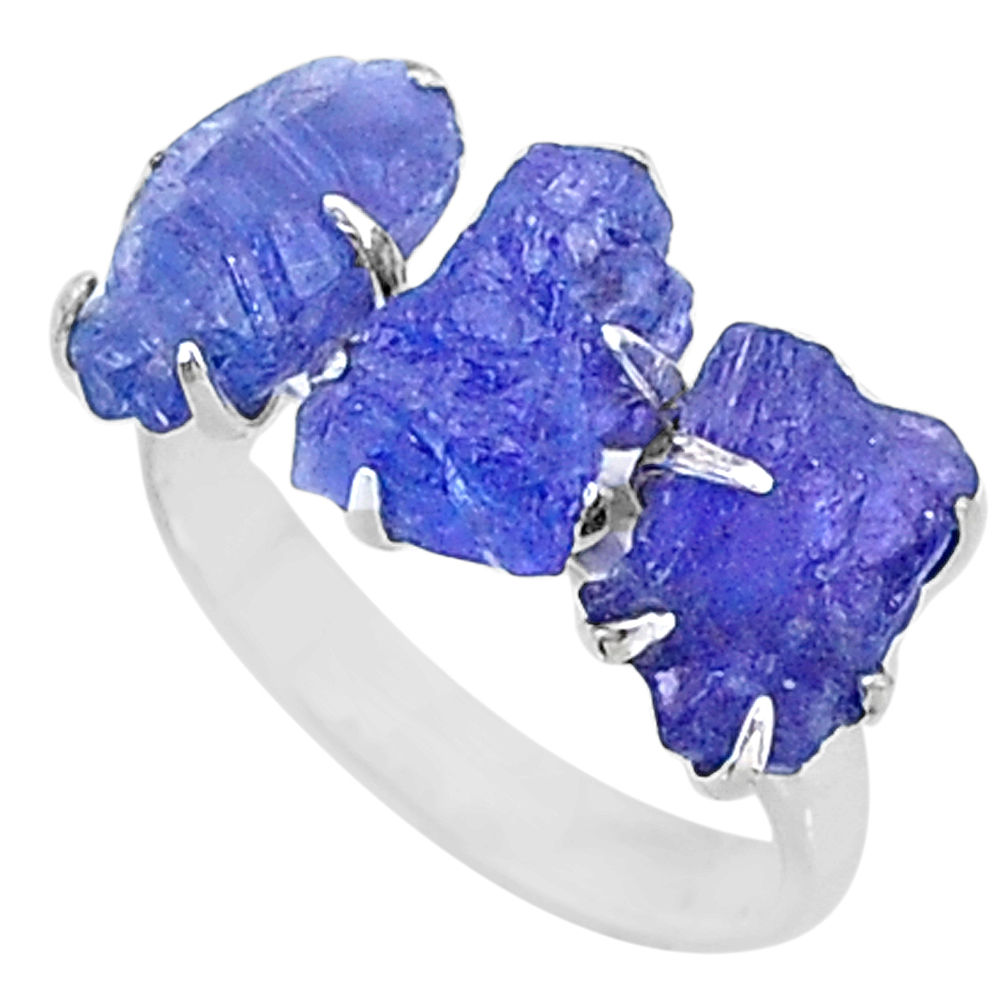 9.83cts three stone natural blue tanzanite raw 925 silver ring size 7 t7101