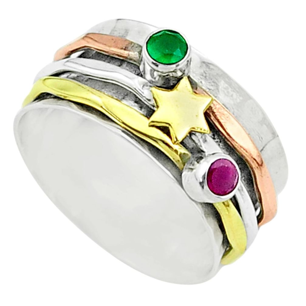 Victorian emerald ruby 925 silver two tone spinner band ring size 7.5 t51562