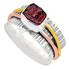3.16cts victorian garnet rough silver two tone spinner band ring size 7 t90159