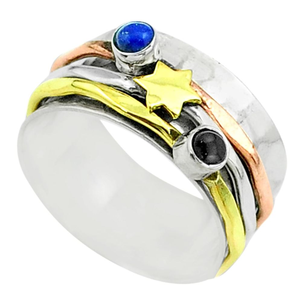 Victorian lapis lazuli onyx 925 silver two tone spinner band ring size 7 t51561