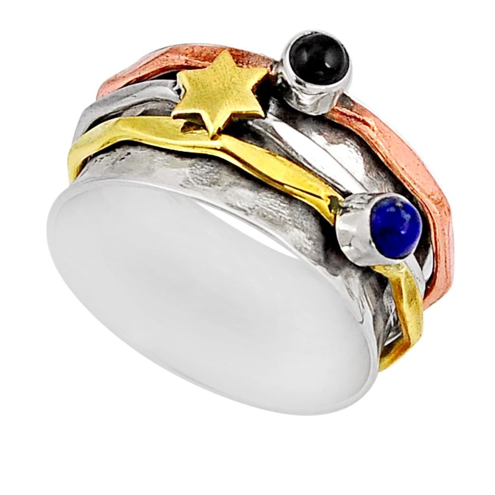 0.60cts victorian lapis lazuli silver two tone spinner band ring size 8 y58612