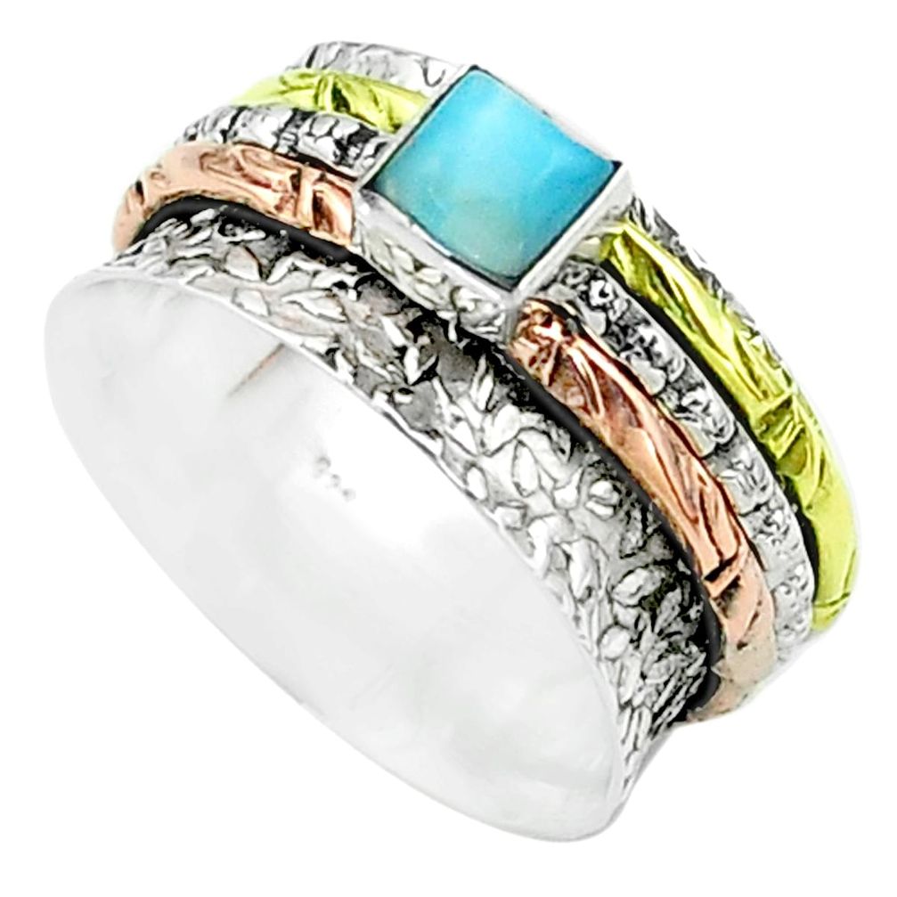 1.02cts victorian larimar 925 silver two tone spinner band ring size 8 t51651