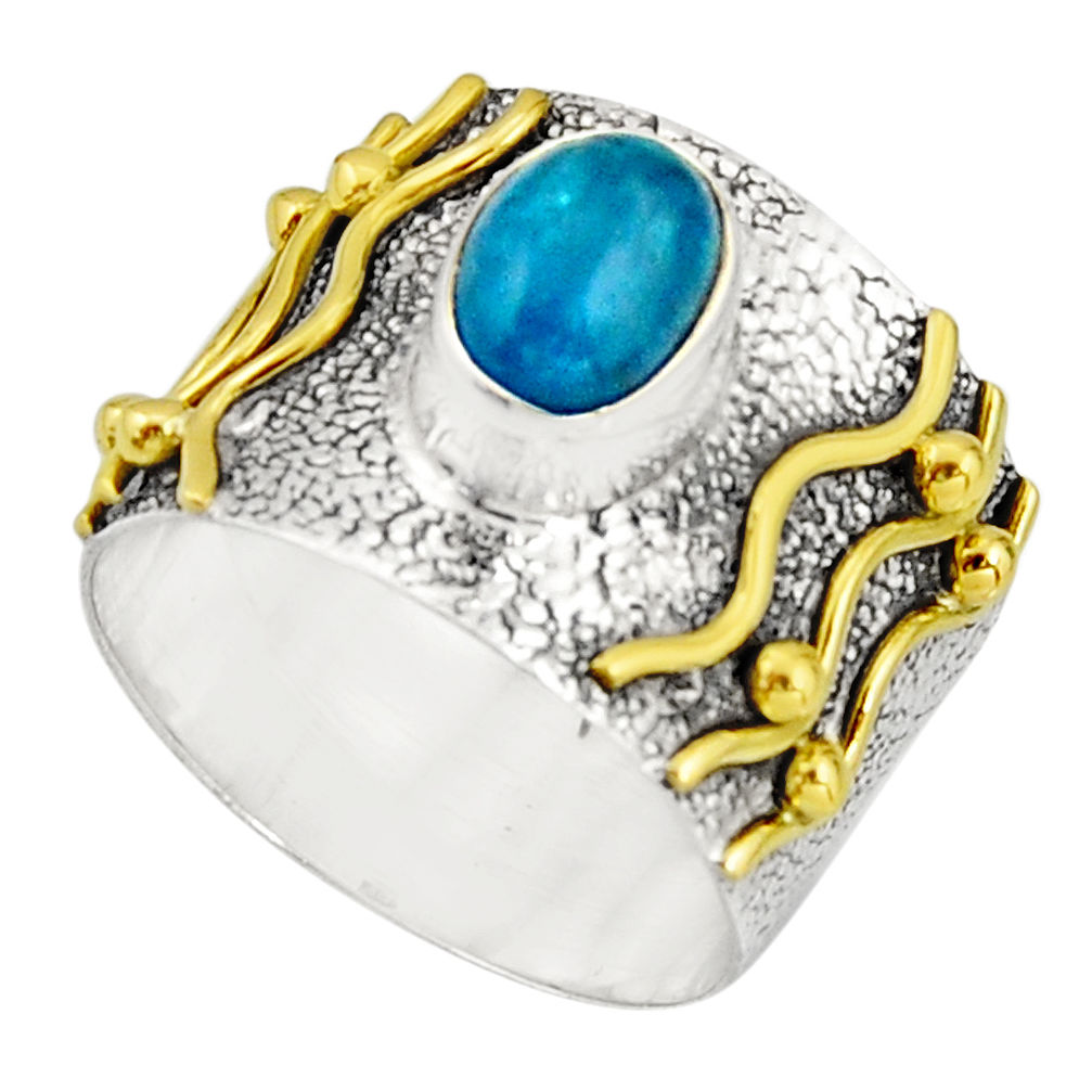 2.27cts victorian natural blue apatite 925 silver two tone ring size 8.5 r21089