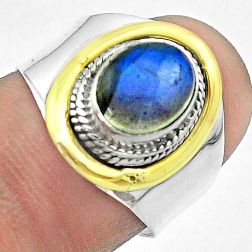 3.27cts victorian natural blue labradorite silver two tone ring size 7.5 t57238