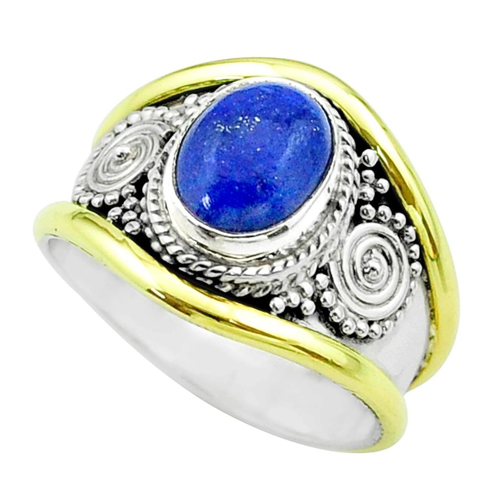 3.42cts victorian natural blue lapis lazuli silver two tone ring size 8.5 t57173