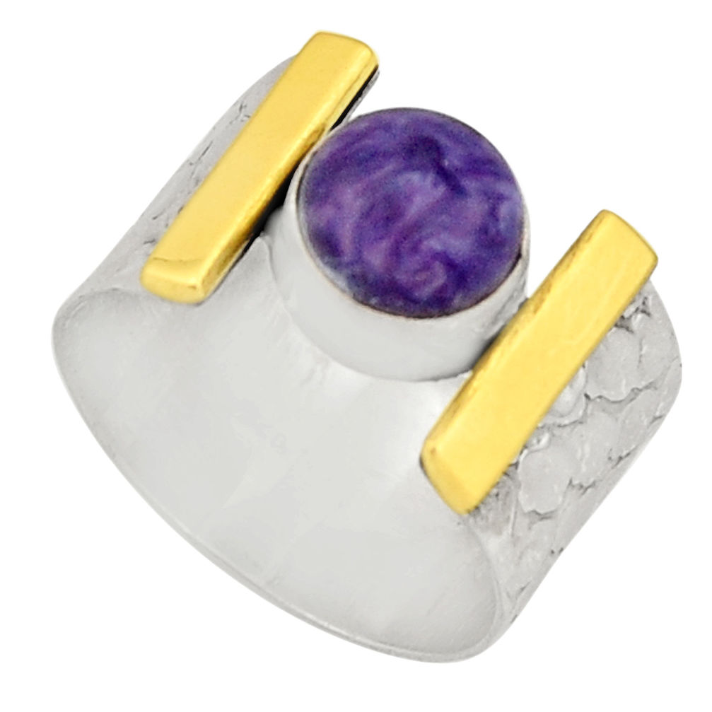 3.41cts victorian natural charoite 925 silver two tone ring size 7.5 r21115