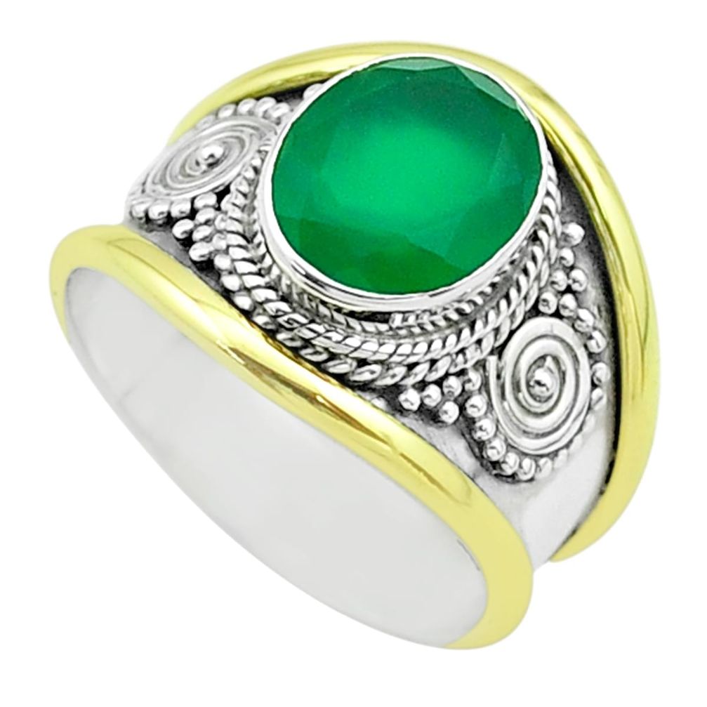 4.22cts victorian natural green chalcedony silver two tone ring size 8 t57290