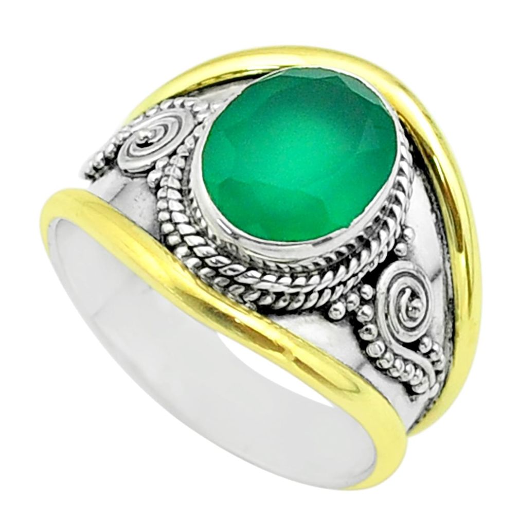 4.11cts victorian natural green chalcedony silver two tone ring size 8 t57294