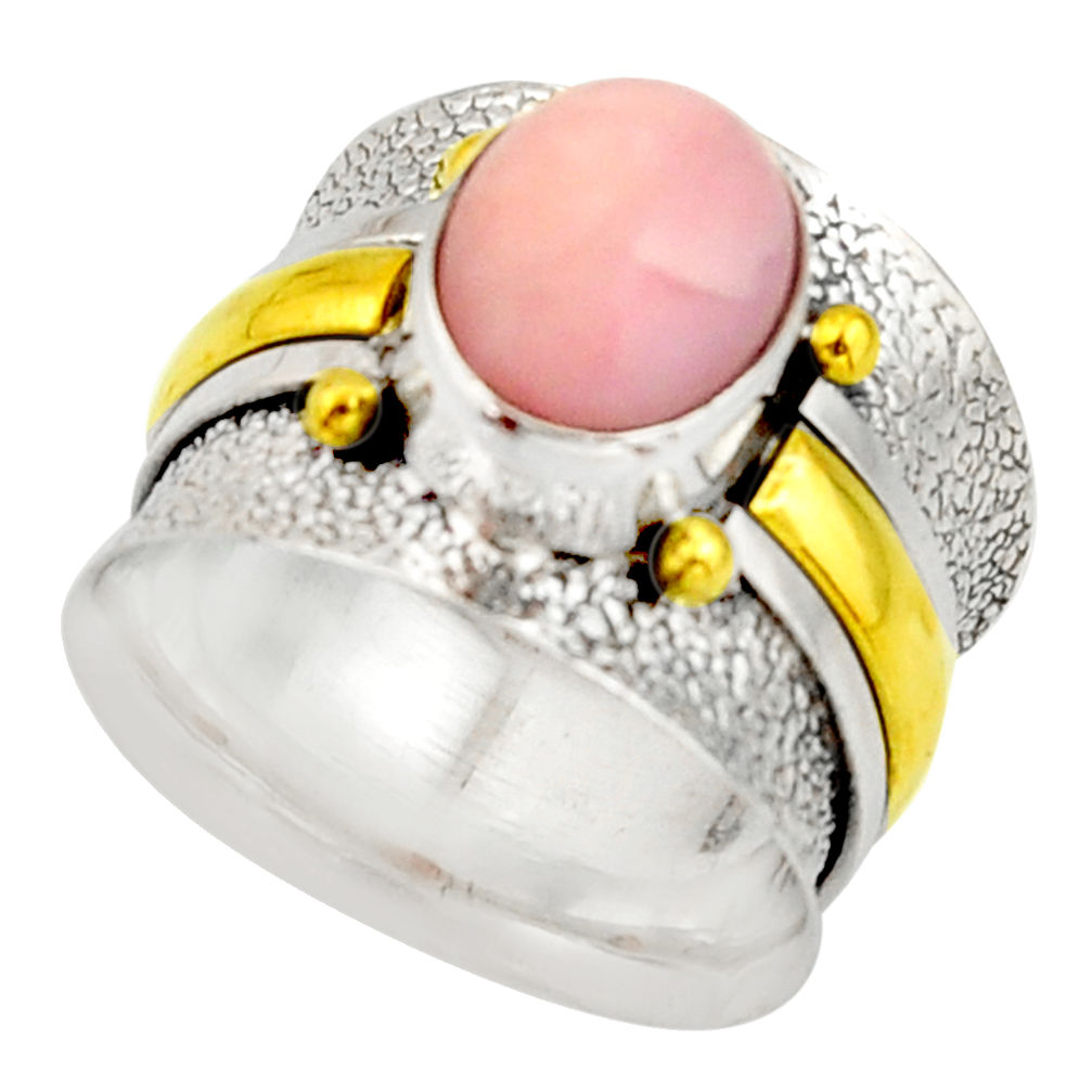 4.38cts victorian natural pink opal oval 925 silver two tone ring size 7 r21068