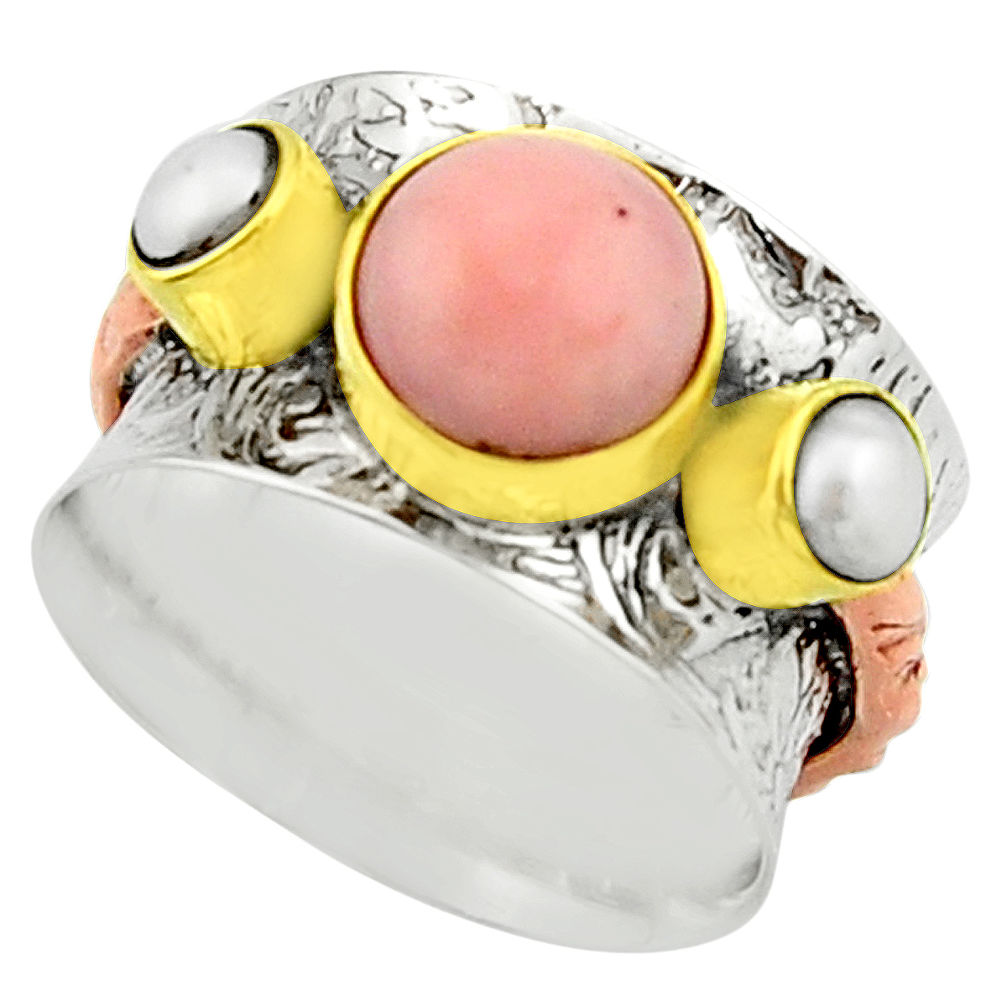 4.82cts victorian natural pink opal pearl 925 silver two tone ring size 7 r22183