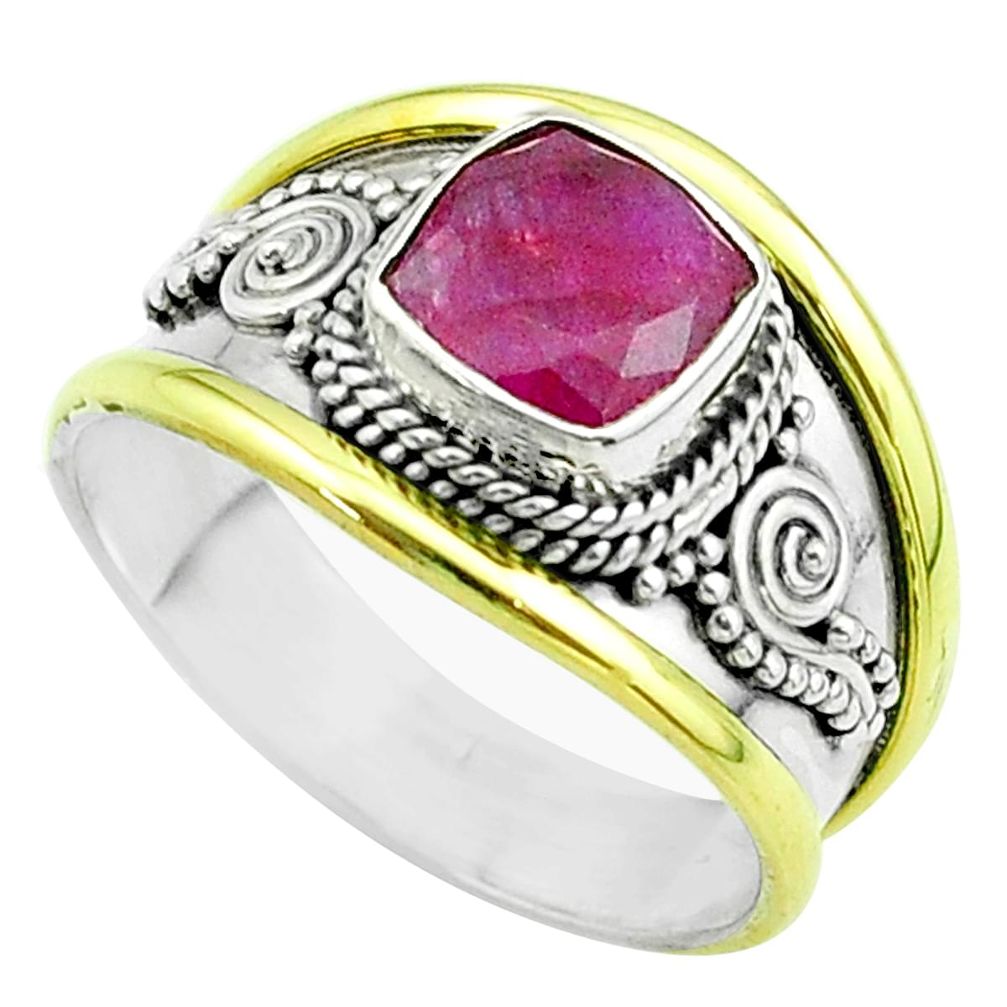 2.45cts victorian natural red ruby cushion silver two tone ring size 7 t57366