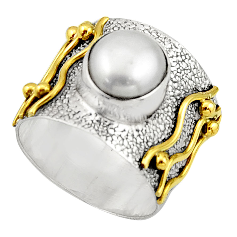 3.39cts victorian natural white pearl 925 silver two tone ring size 7 r21011