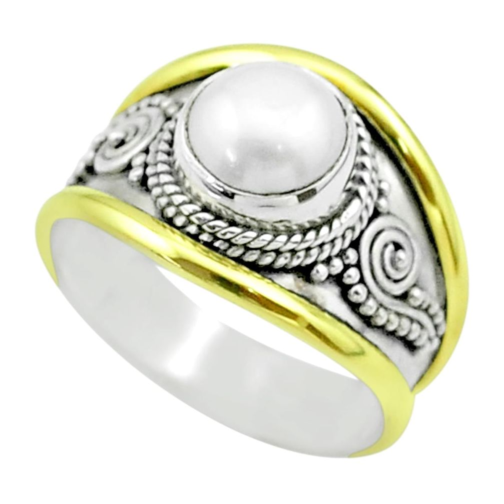 2.44cts victorian natural white pearl 925 silver two tone ring size 7 t57193
