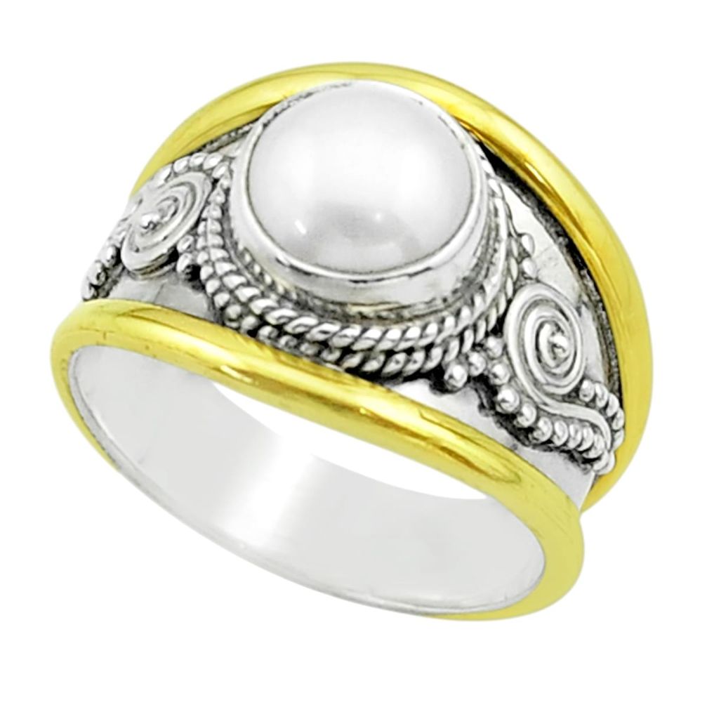 2.46cts victorian natural white pearl round silver two tone ring size 6 t57190