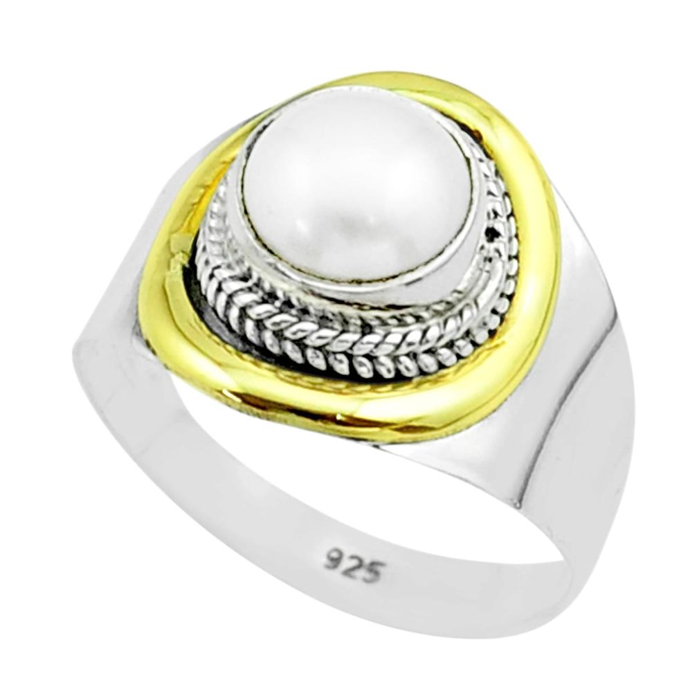 2.58cts victorian natural white pearl round silver two tone ring size 7.5 t57185