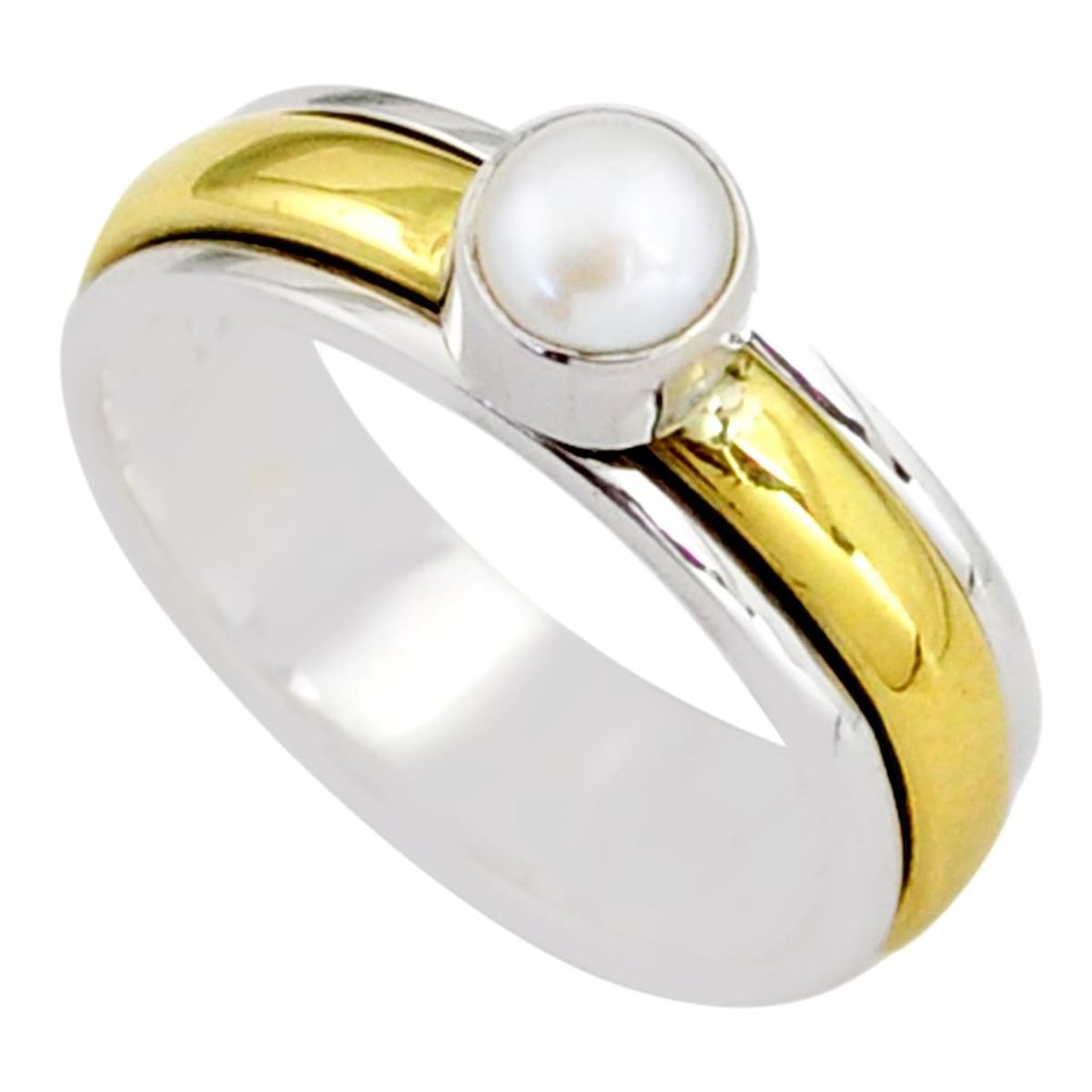 0.79cts victorian pearl 925 silver two tone spinner band ring size 7.5 t81309