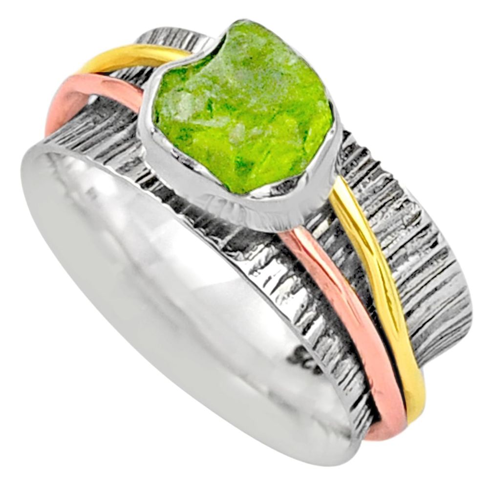 3.37cts victorian peridot rough silver two tone spinner band ring size 9 t90155