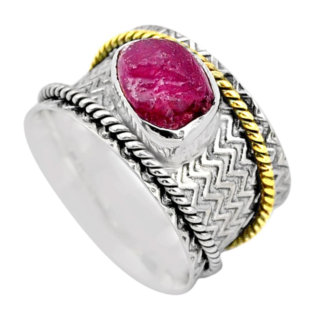 Victorian pink ruby rough 925 silver two tone spinner band ring size 8 t90194