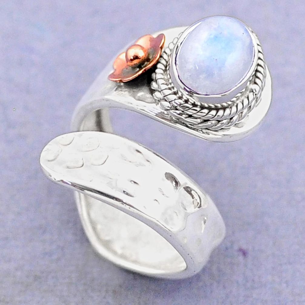 Victorian rainbow moonstone 925 silver two tone adjustable ring size 5 t74518