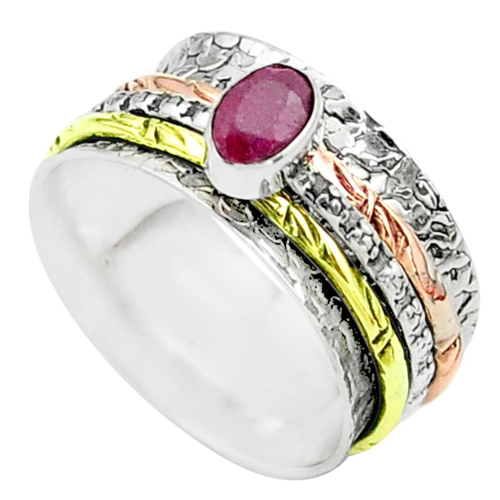 0.96cts victorian red ruby 925 silver two tone spinner band ring size 8 t51643