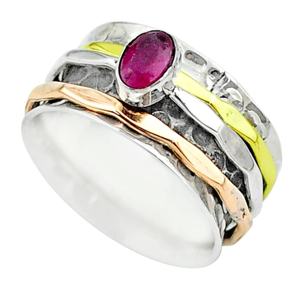 1.20cts victorian red ruby 925 silver two tone spinner band ring size 7.5 t51635