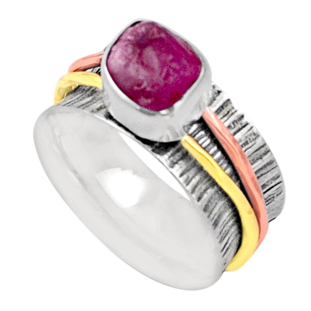 3.49cts victorian ruby rough 925 silver two tone spinner band ring size 8 t90154