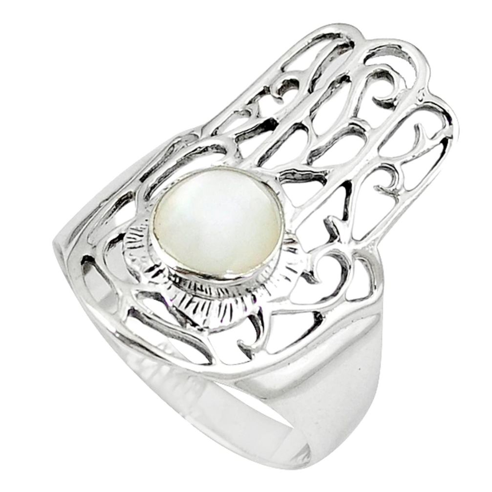 White pearl 925 silver hand of god hamsa ring jewelry size 6.5 c11969