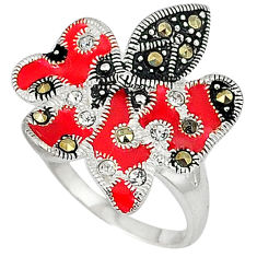 LAB 0.66cts white topaz marcasite red enamel 925 silver ring size 8.5 c15984