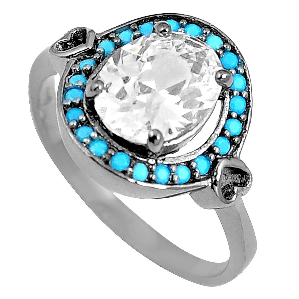 3.42cts white topaz sleeping beauty turquoise silver ring size 8.5 c23421