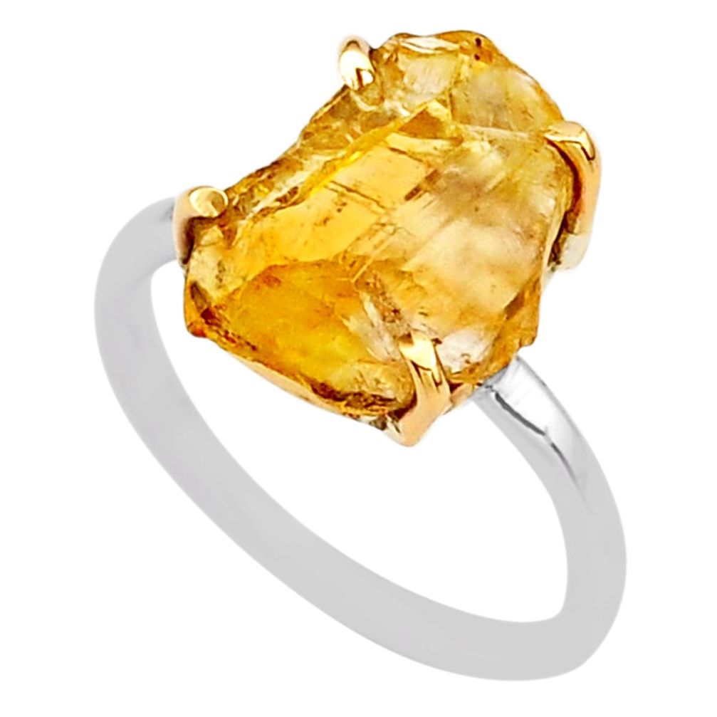 5.15cts yellow citrine raw 925 sterling silver 14k gold ring size 6 t47122