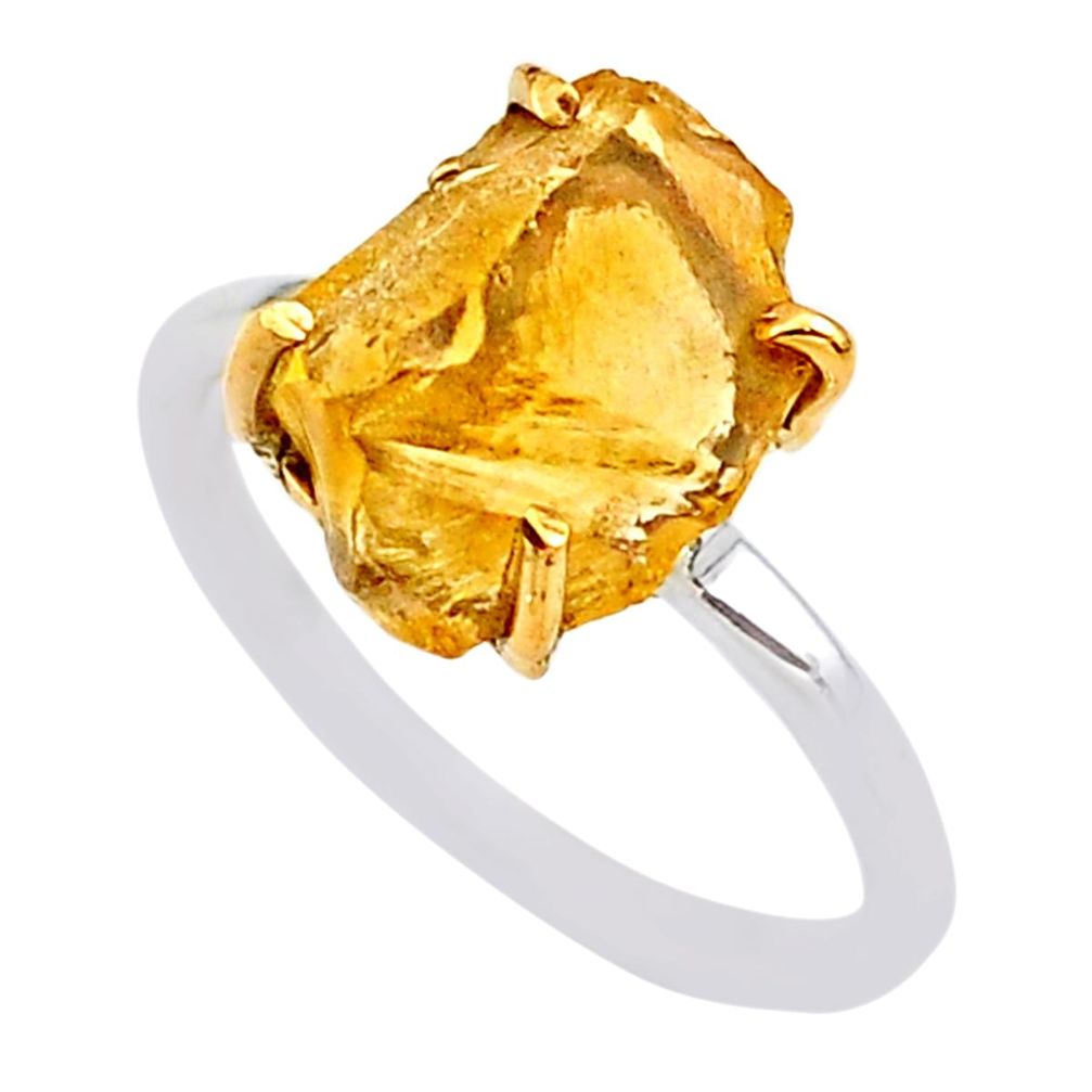 5.92cts yellow citrine raw fancy sterling silver 14k gold ring size 8 t47123