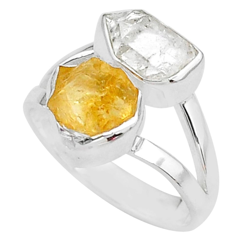 9.29cts yellow citrine raw herkimer diamond 925 silver ring size 8 t9907