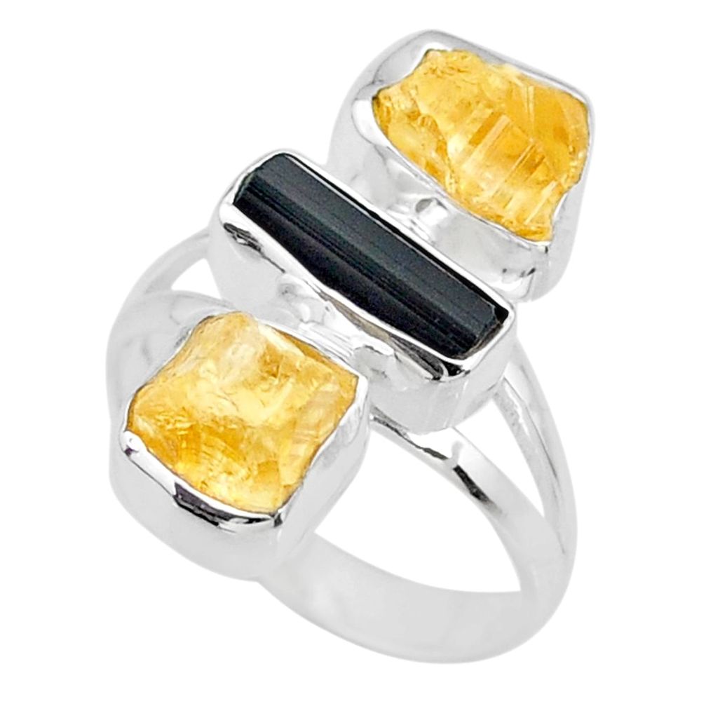 11.57cts yellow citrine rough tourmaline raw 925 silver ring size 7.5 r73796