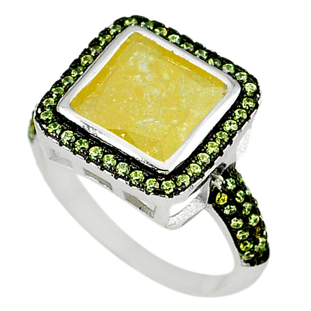 LAB Yellow crack crystal square topaz 925 sterling silver ring size 7.5 c22927