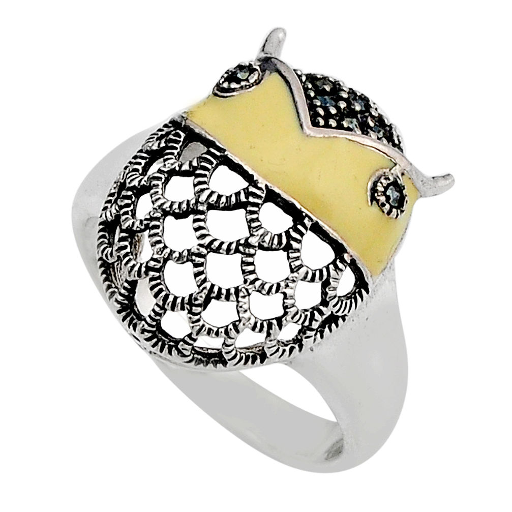 5.48gms yellow enamel marcasite 925 sterling silver owl ring size 6.5 y83350