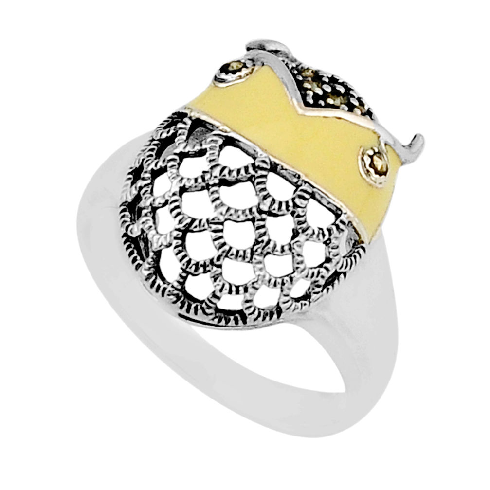 5.26gms yellow enamel marcasite 925 sterling silver ring jewelry size 7.5 y66284