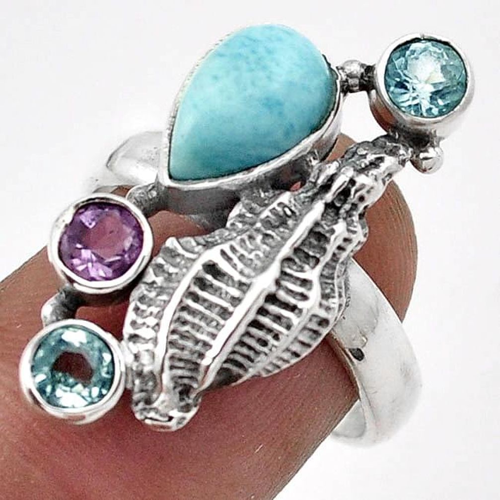 MAGICAL NATURAL BLUE LARIMAR TOPAZ AMETHYST 925 SILVER SHELL RING SIZE 7 G89794