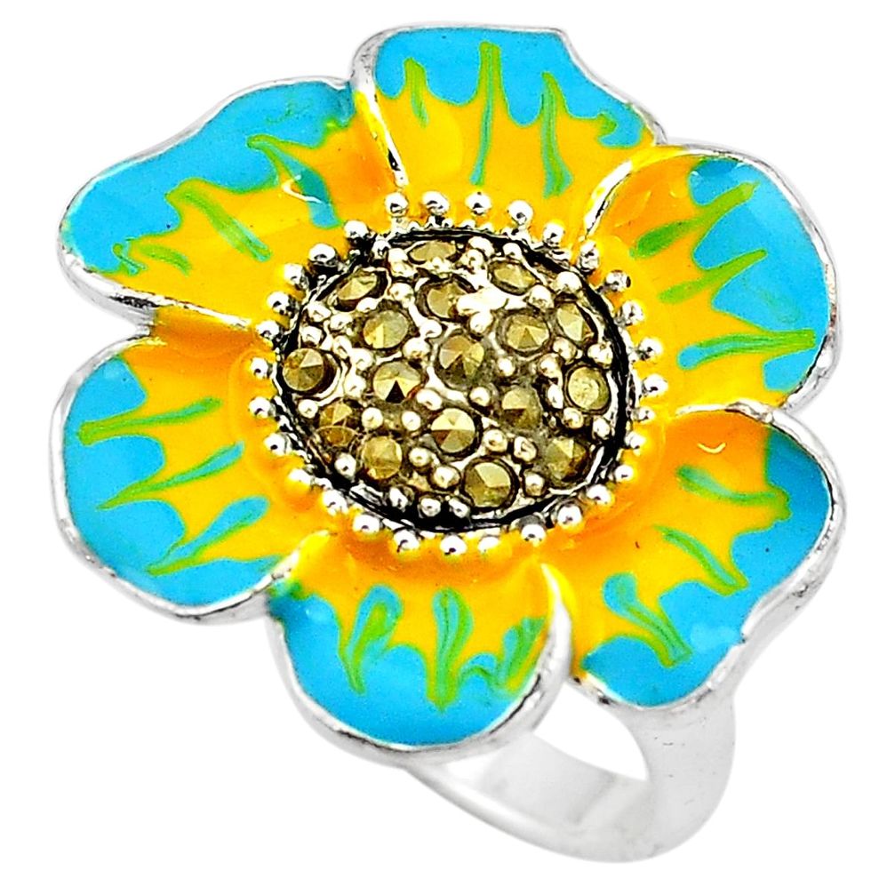 12.02gms marcasite enamel 925 sterling silver flower ring jewelry size 7.5 c4087