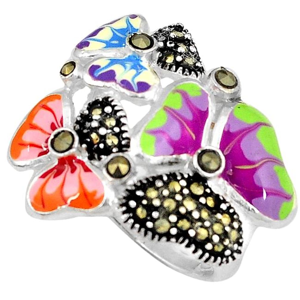 Multi color enamel marcasite 925 sterling silver butterfly ring size 6.5 h52293