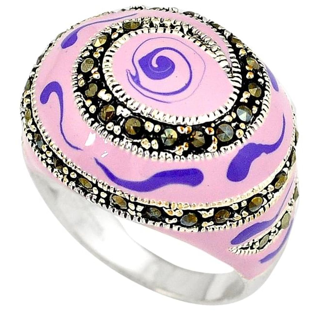 Multi color enamel marcasite 925 sterling silver dome ring jewelry size 8 h52305