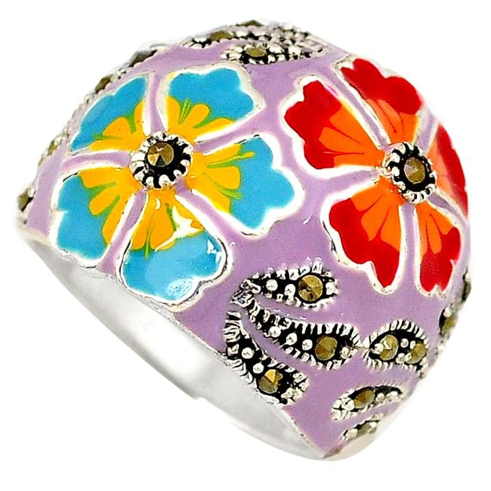 Multi color enamel marcasite 925 sterling silver flower ring size 7 h52307