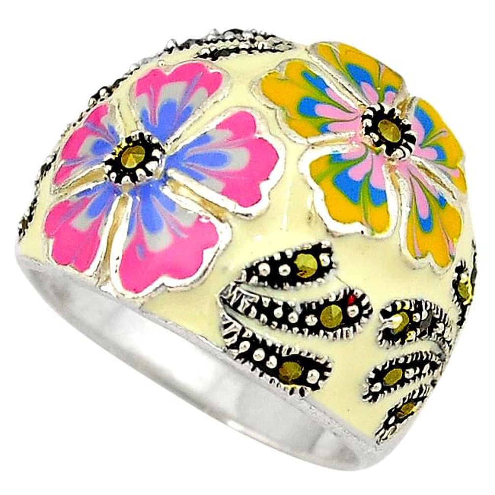 Multi color enamel marcasite 925 sterling silver flower ring size 8.5 h52319