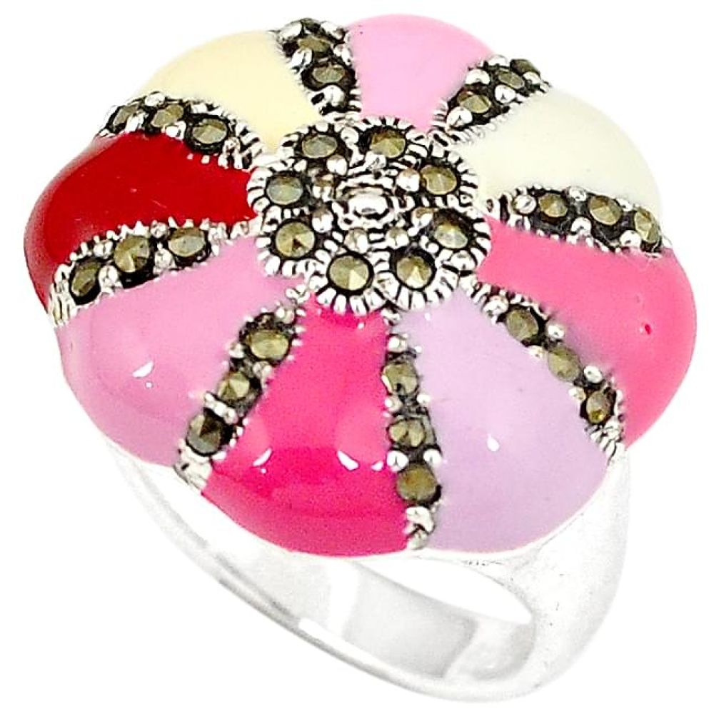 Multi color enamel marcasite 925 sterling silver ring jewelry size 6 h52345