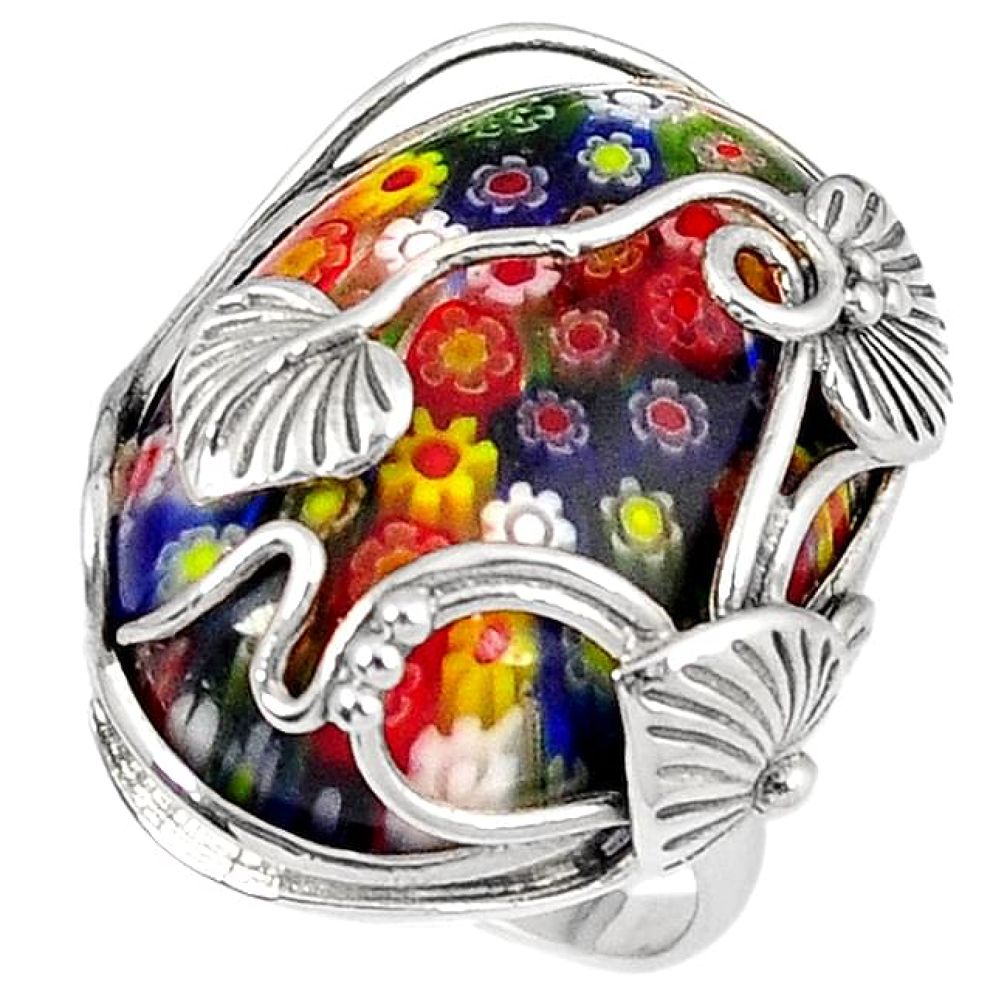 Multi color italian murano glass 925 silver leaf design ring size 9 h54993