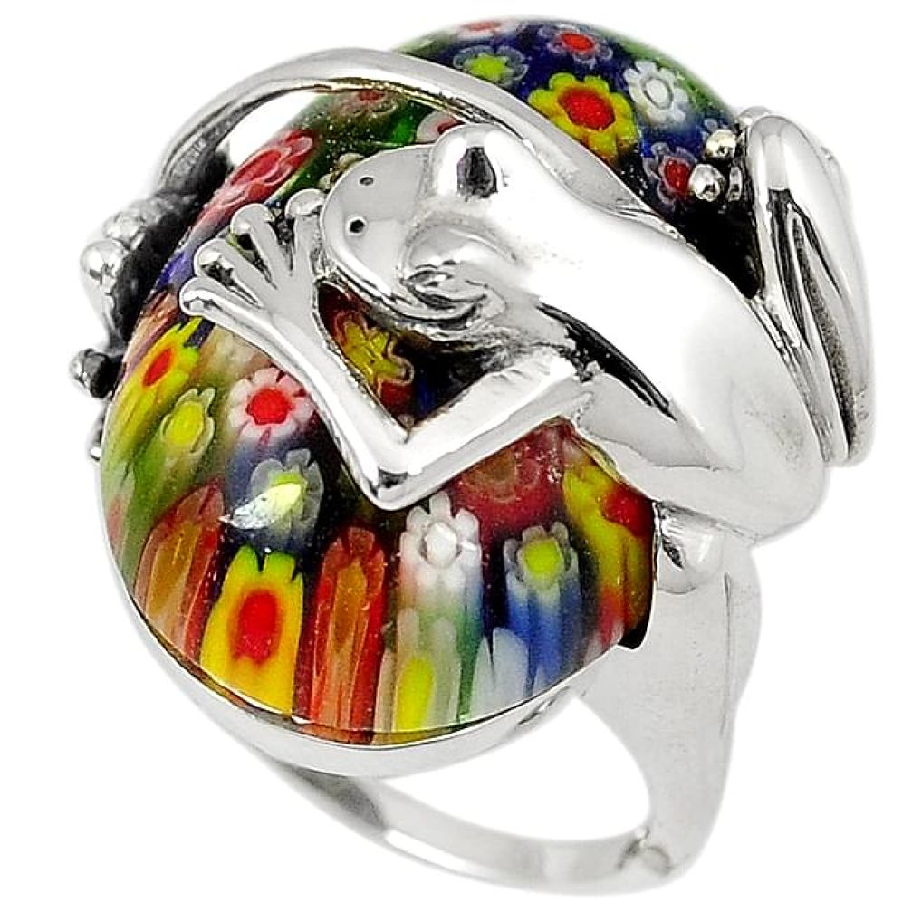 Multi color italian murano glass 925 sterling silver frog ring size 8.5 h50990