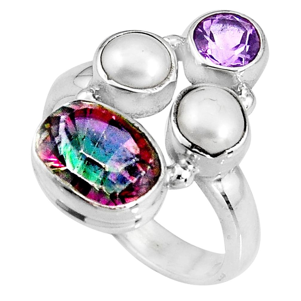 6.02cts multi color rainbow topaz amethyst pearl 925 silver ring size 6.5 p90680